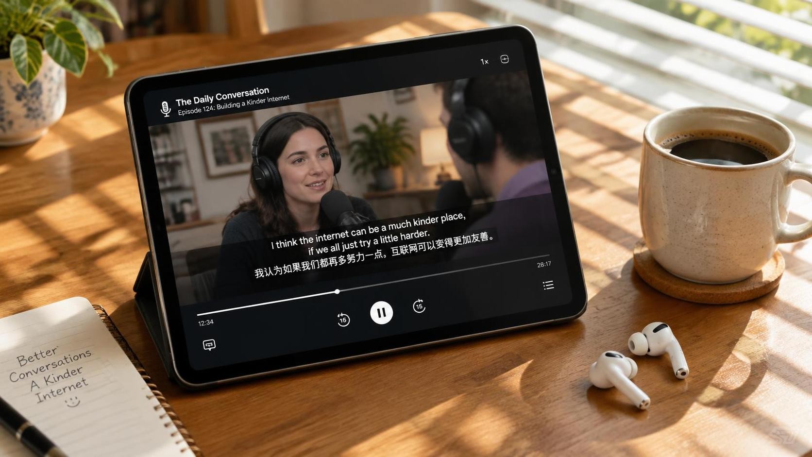 A tablet on a wooden table showing an English podcast episode with bilingual subtitles, a cup of coffee and a pair of earbuds nearby, morning sunlight through blinds, photorealistic, 16:9