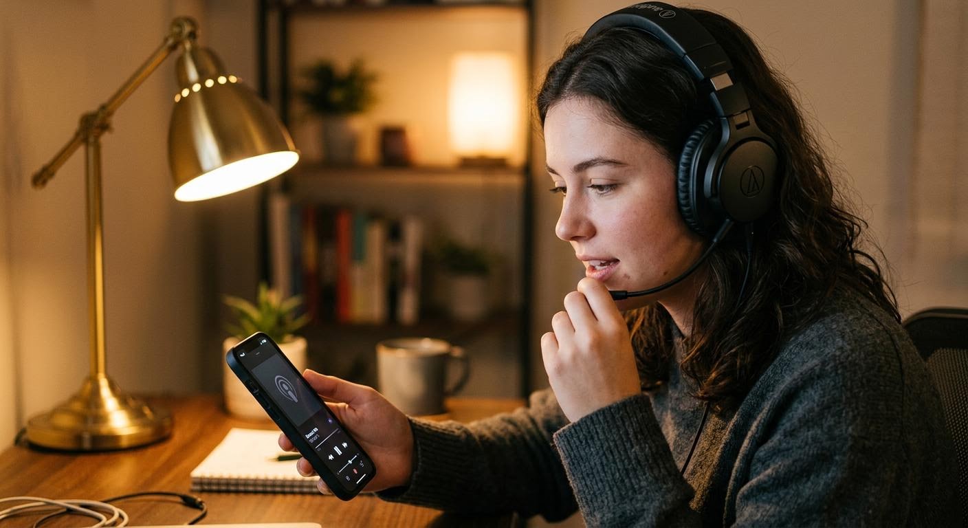 English, photorealistic, a close up of a person wearing headphones speaking softly while looking at a phone screen showing a playback interface, evening desk lamp light, minimal text