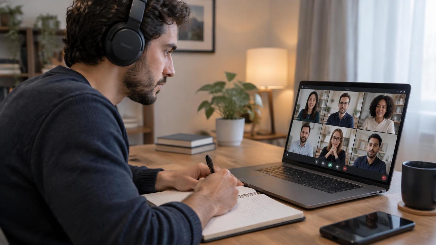 A man with headphones taking notes during an online meeting, multiple faces on the screen, soft indoor lighting, focused expression, 16:9