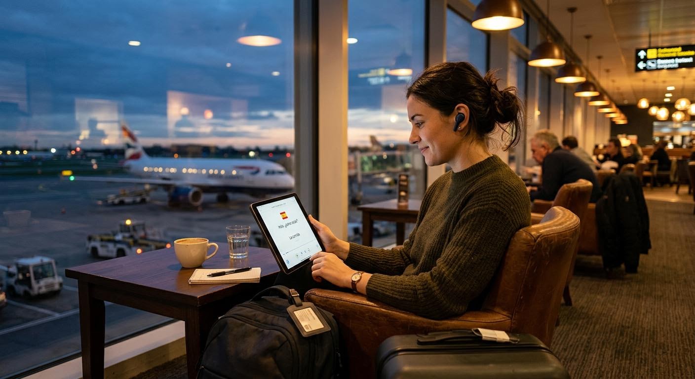 English, photorealistic, a traveler in an airport lounge at dusk studying a language lesson on a tablet with earbuds in, warm overhead lighting and an airplane visible through the window, shallow depth of field, minimal text