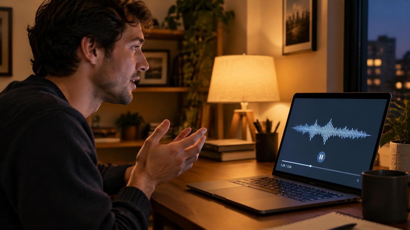A person speaking along with audio from a laptop, mouth slightly open, one hand gesturing, evening room with warm lamp, side profile, 16:9