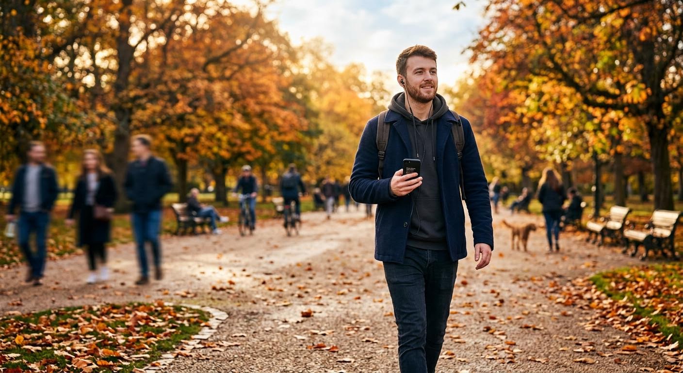 English, photorealistic, a man listening to English audio on his phone while walking through a city park in autumn, earbuds in, soft golden afternoon light, people blurred in the background, minimal text