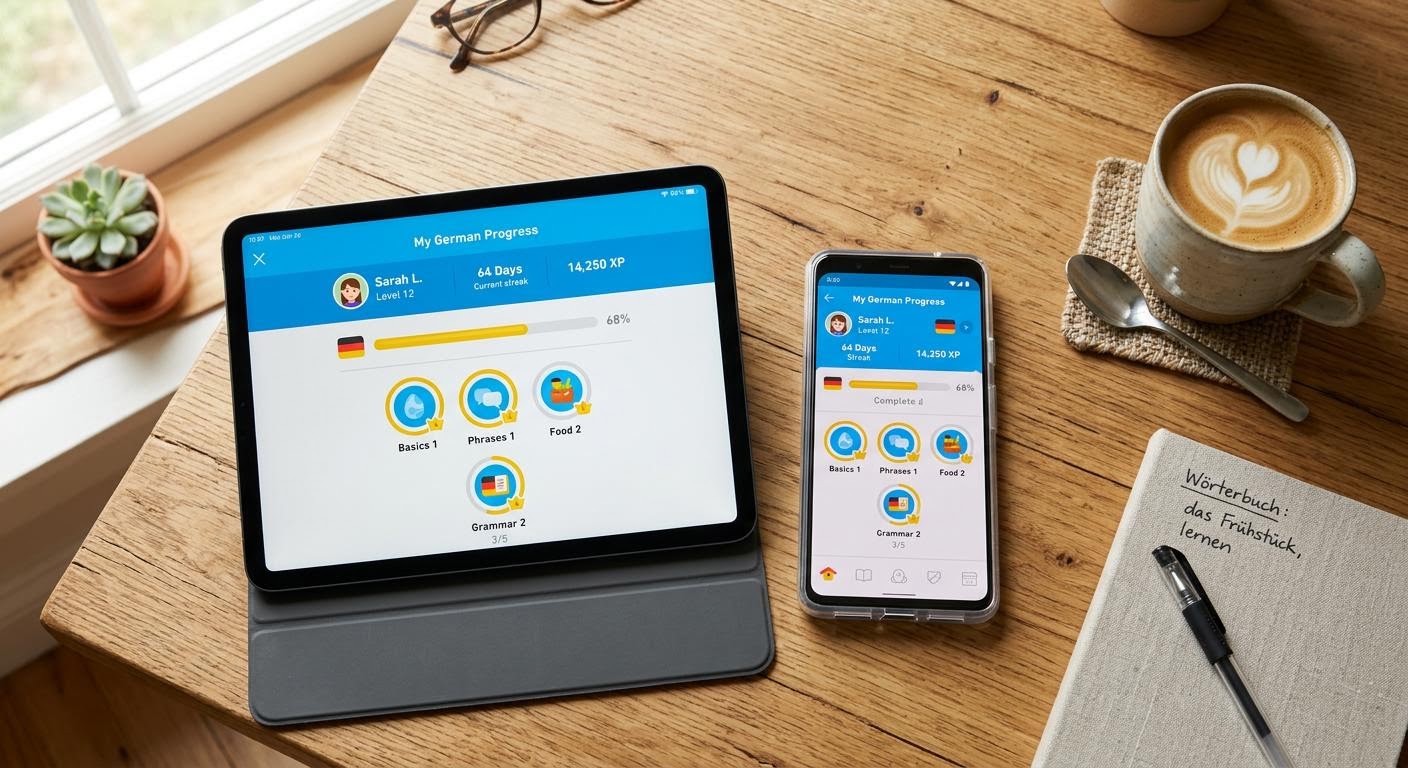 a flat lay of a tablet and a phone on a wooden desk, both showing the same language learning progress screen, morning coffee nearby, bright natural light