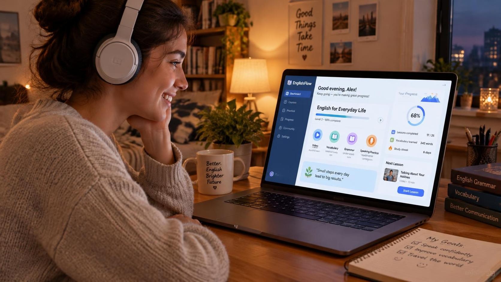 A person wearing headphones smiling while looking at a laptop that displays an English course dashboard, cozy evening room with warm lamp light, 16:9