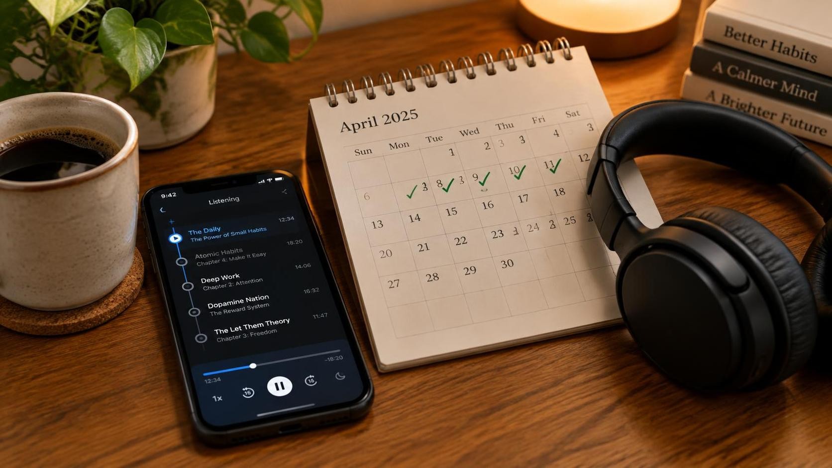 A desk calendar with five small check marks in one week, a phone showing a listening app timeline beside it, a cup of coffee and headphones resting on the calendar, warm indoor lighting, photorealistic, 16:9