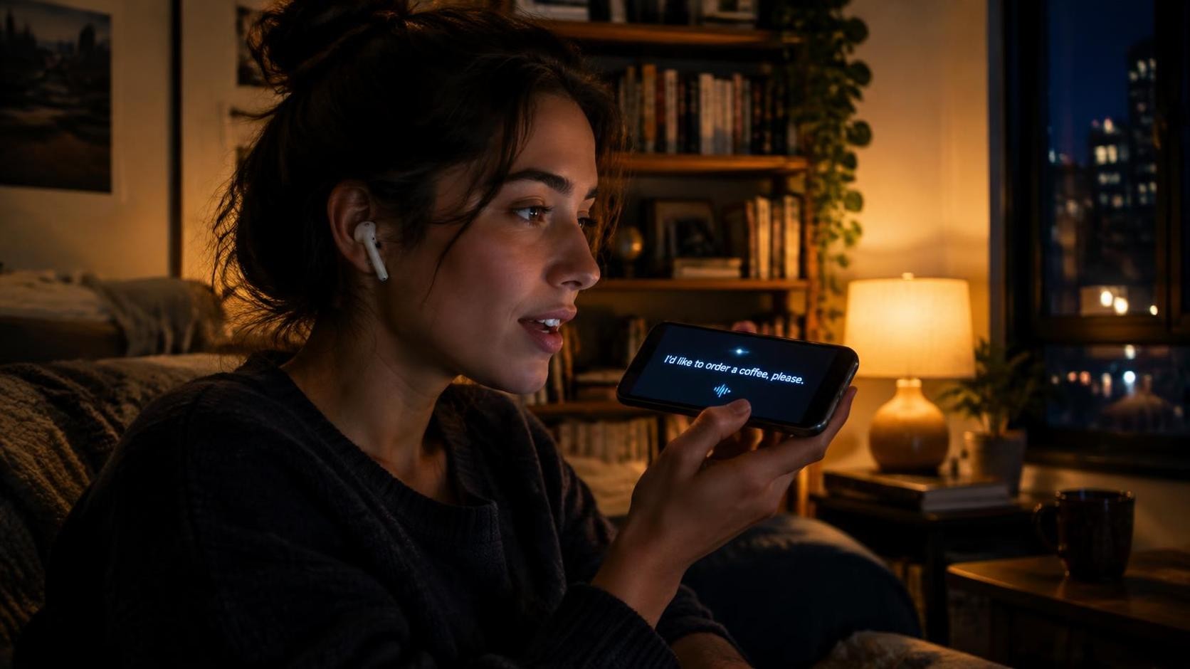 English, photorealistic, a learner in a small apartment at night wearing earbuds and speaking into a phone while a subtitle line glows on the screen, warm lamp light, bookshelf behind, cinematic contrast, minimal text, 16:9