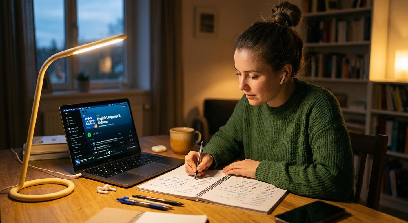 person reviewing a notebook filled with English words and a laptop showing a podcast app, evening desk lamp light, calm study setting