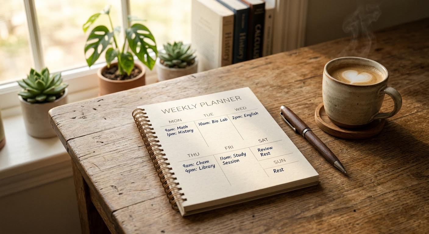 English, photorealistic, a weekly study planner on a wooden desk with a pen and a cup of coffee, morning sunlight, minimal text