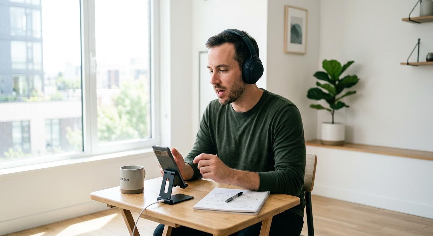 English, photorealistic, a man wearing headphones practicing speaking with a phone on a small desk, mouth slightly open mid sentence, soft daylight from a window, clean modern room, minimal text