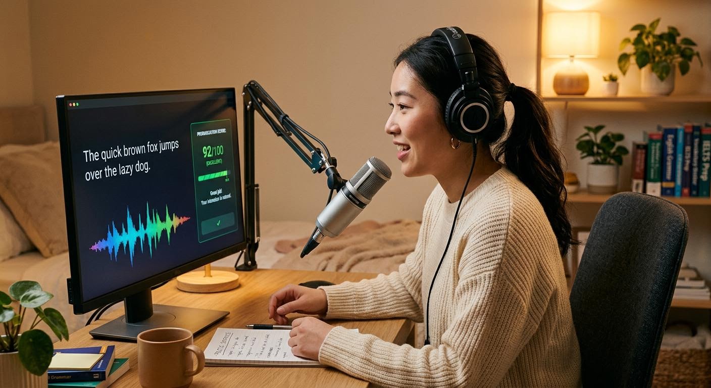 마이크 앞에서 영어 문장을 따라 말하는 학습자의 옆모습, 화면에는 파형과 발음 평가 점수가 표시되고 방 안은 따뜻한 조명이 은은하게 비친다