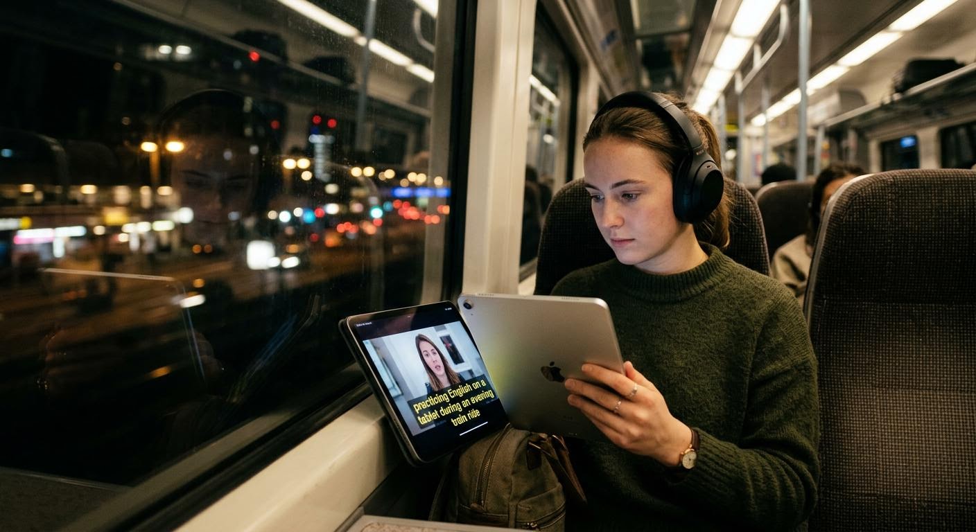 English, photorealistic, a learner practicing English on a tablet during an evening train ride, headphones on, subtitles glowing on screen, city lights blurred outside the window, minimal text