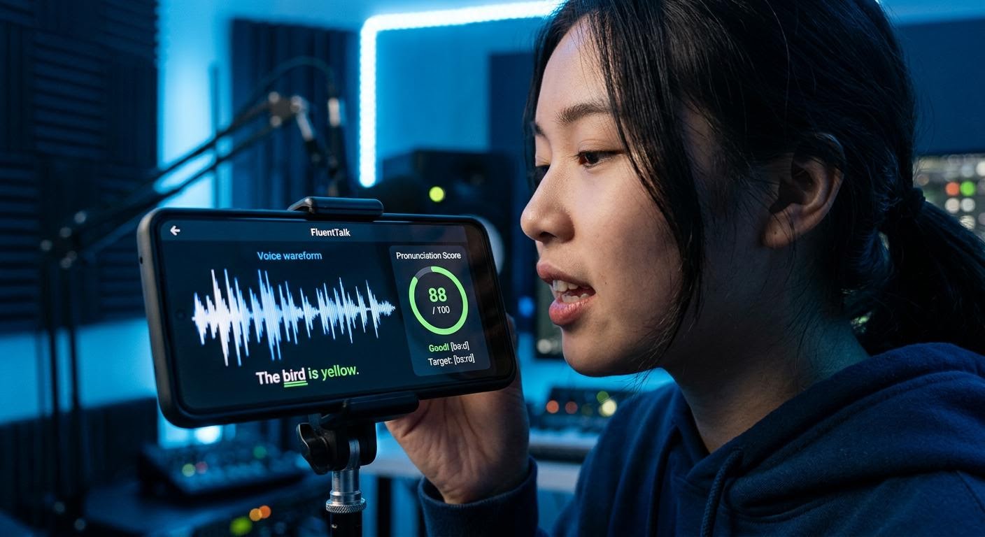 a close-up of a voice waveform beside a pronunciation score on a phone screen, learner speaking into the microphone, cool blue studio lighting