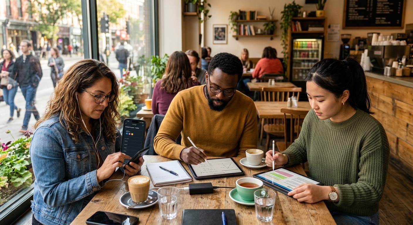 Three adults studying with phones and tablets in a bright cafe, each using a different learning app, warm daylight, photorealistic
