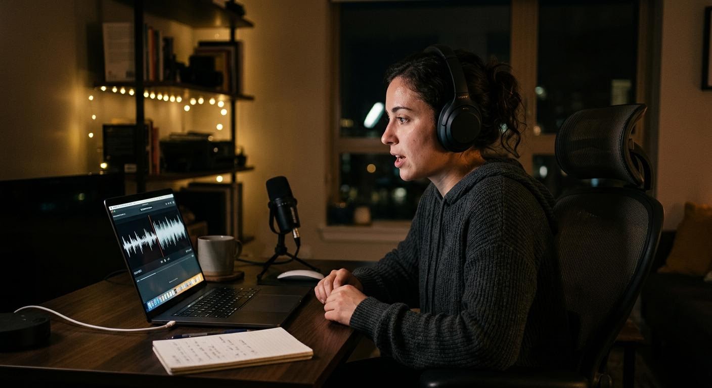 English, photorealistic, a person sitting at a desk at night wearing over-ear headphones, mouth slightly open mid-speech while following an audio track, laptop screen glow on the face, focused expression, minimal text