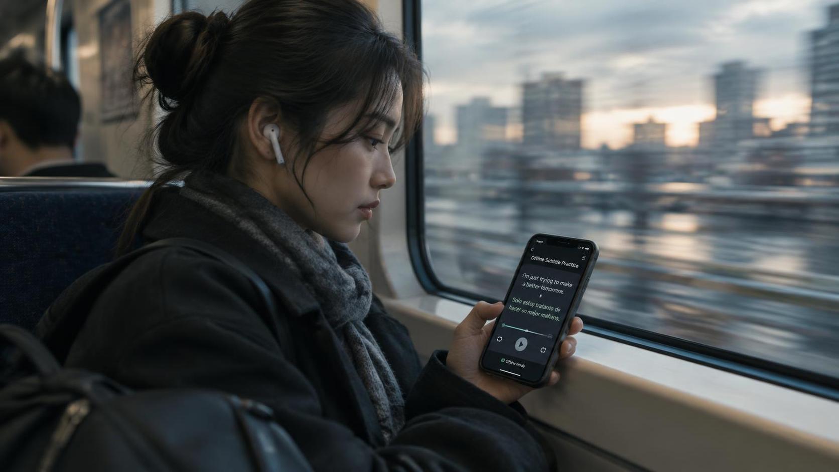 a commuter on a train wearing earbuds, phone in hand with offline subtitle practice, blurred window light, motion feel, muted city colors