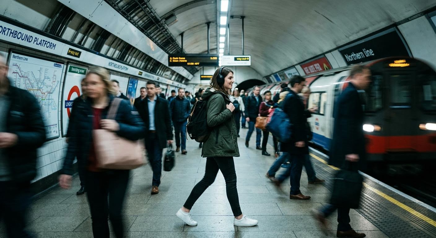 a person walking through a subway station with headphones on, motion blur of other commuters, cool overhead lighting