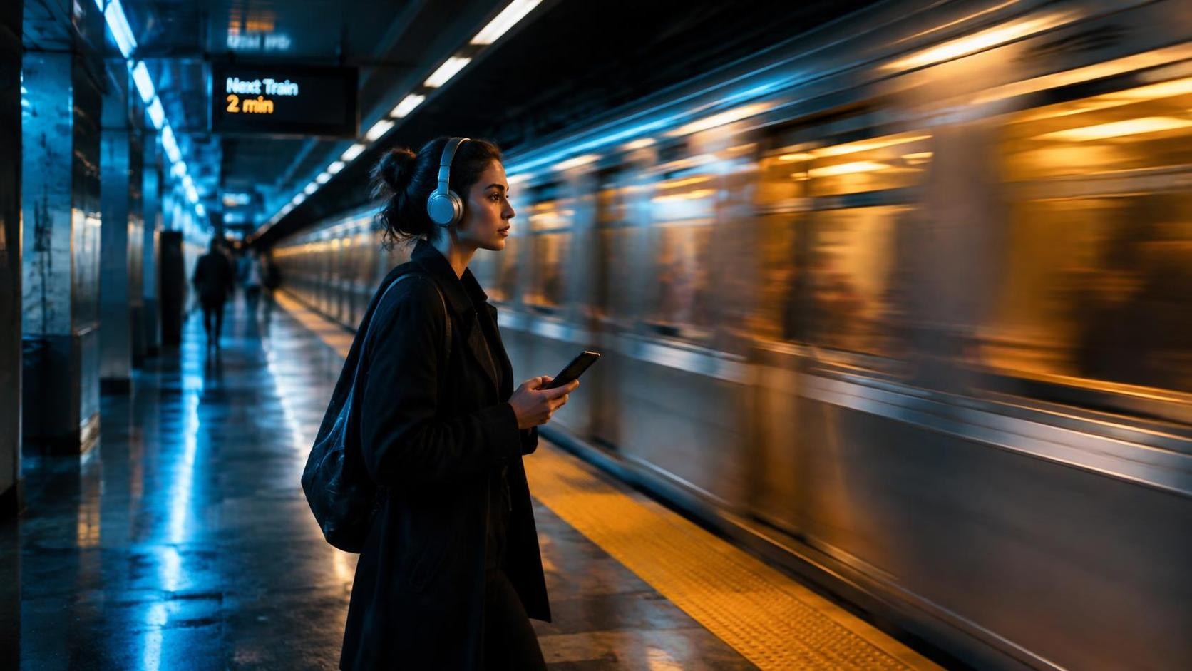 English, photorealistic, a person walking through a subway station wearing headphones and holding a phone, motion blur of passing train, cool blue and warm amber lighting contrast, cinematic composition, minimal text, 16:9