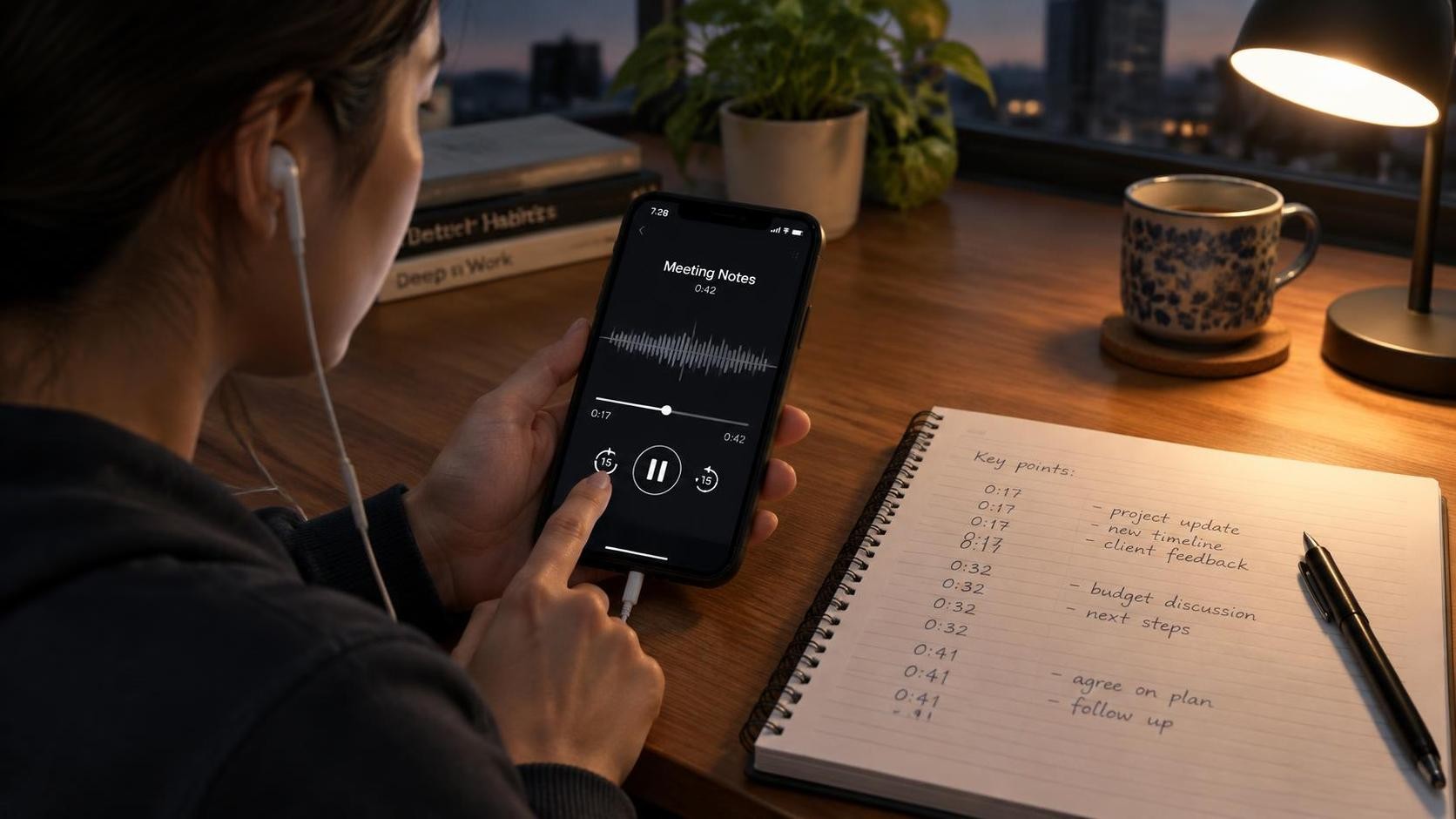 A person replaying a short audio clip on a phone with earphones, notebook showing repeated timestamps, evening desk lamp light, 16:9